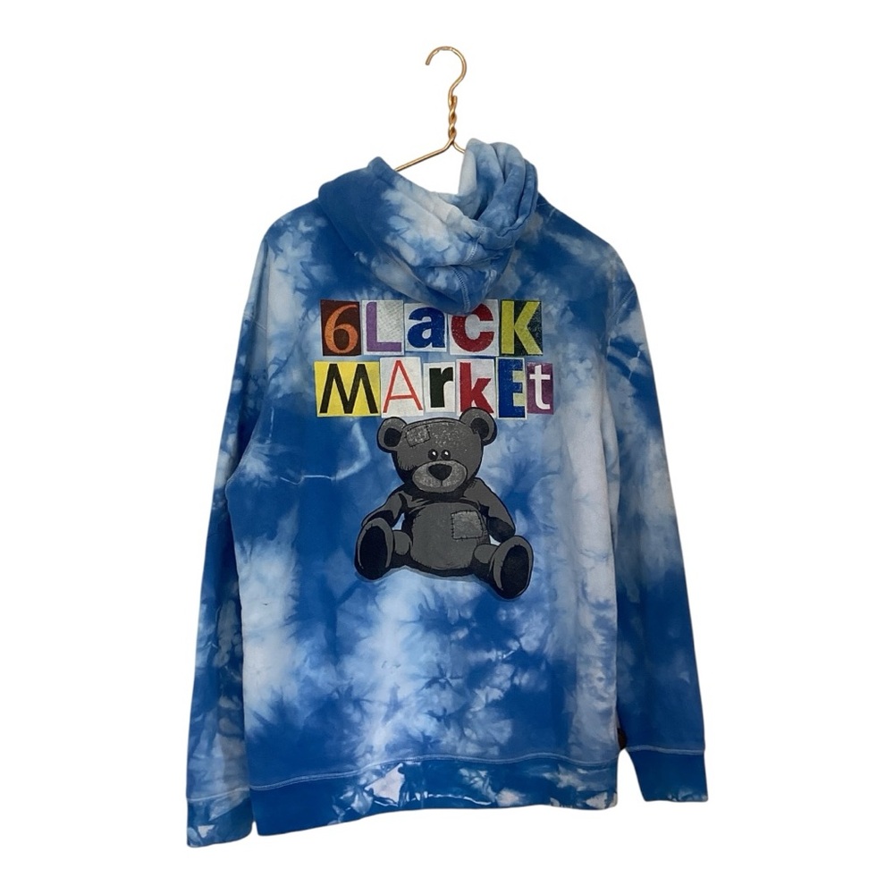 6LACK Market Blue Tie Dye Teddy Bear Hoodie Sweater Mens Medium